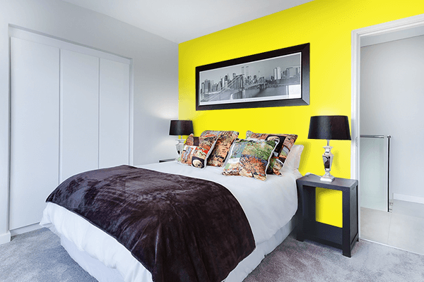 Pretty Photo frame on Shiny Yellow color Bedroom interior wall color