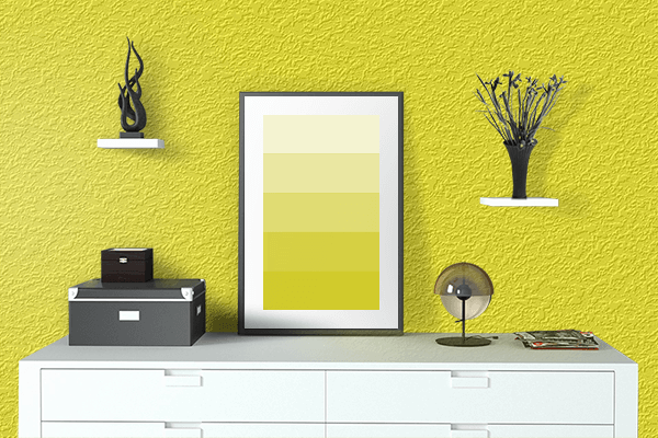 Pretty Photo frame on Shiny Yellow color drawing room interior textured wall