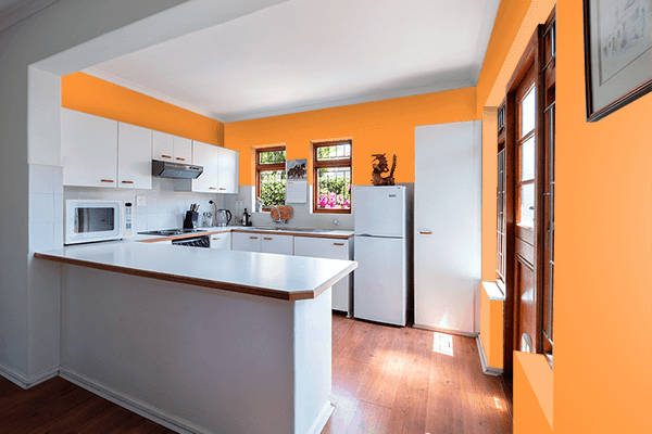 Pretty Photo frame on Brilliant Orange color kitchen interior wall color