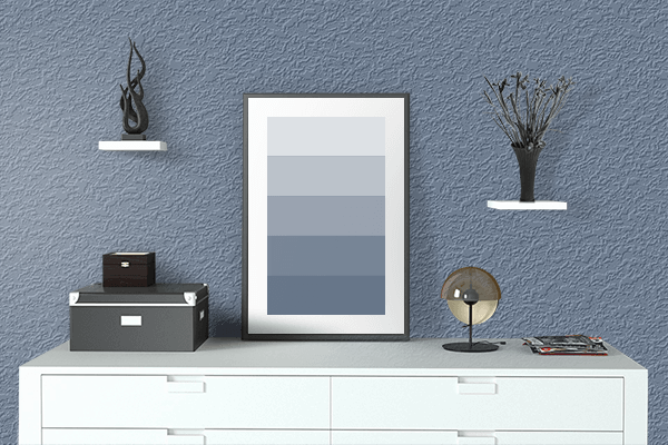 Pretty Photo frame on Pigeon Blue color drawing room interior textured wall