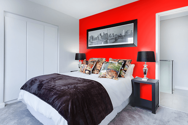 Pretty Photo frame on Brightest Red color Bedroom interior wall color