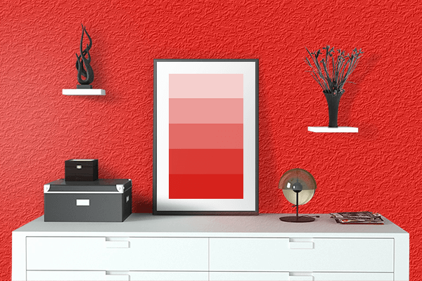 Pretty Photo frame on Brightest Red color drawing room interior textured wall