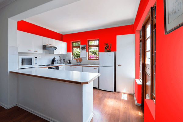 Pretty Photo frame on Brightest Red color kitchen interior wall color