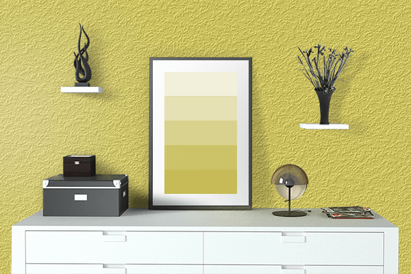 Pretty Photo frame on Yellow Shimmer color drawing room interior textured wall