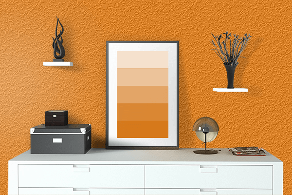 Pretty Photo frame on Full Orange color drawing room interior textured wall