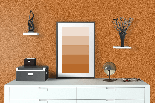 Pretty Photo frame on Forest Orange color drawing room interior textured wall