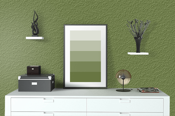 Pretty Photo frame on Hedge Green color drawing room interior textured wall