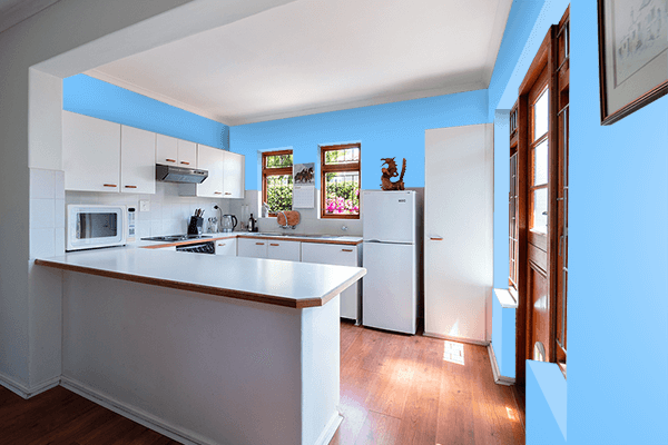 Pretty Photo frame on Bright Sky Blue color kitchen interior wall color