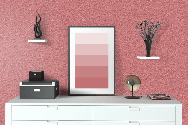Pretty Photo frame on Coral Blush color drawing room interior textured wall