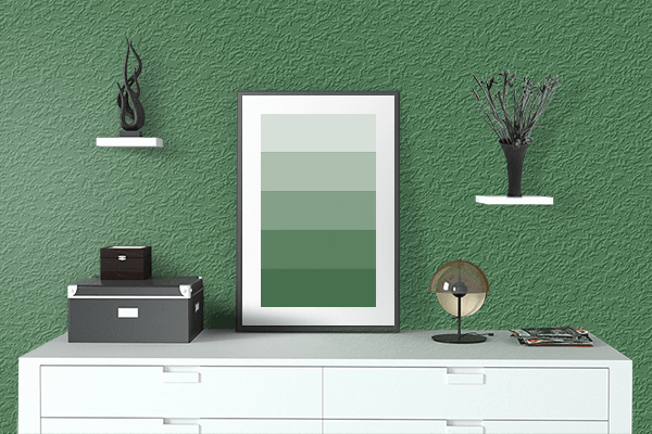 Pretty Photo frame on Watermelon Green color drawing room interior textured wall