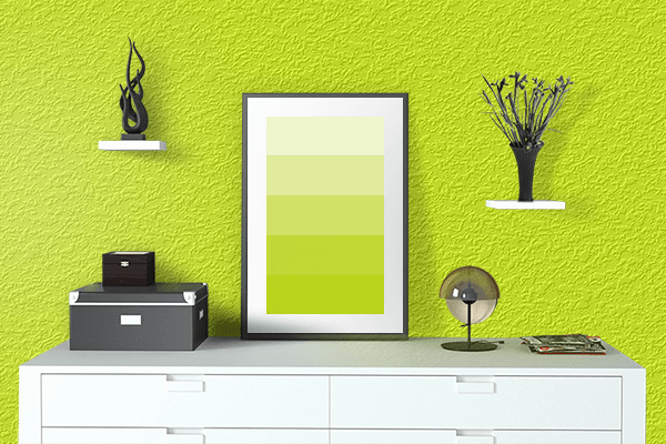 Pretty Photo frame on Bright Yellowish-Green color drawing room interior textured wall