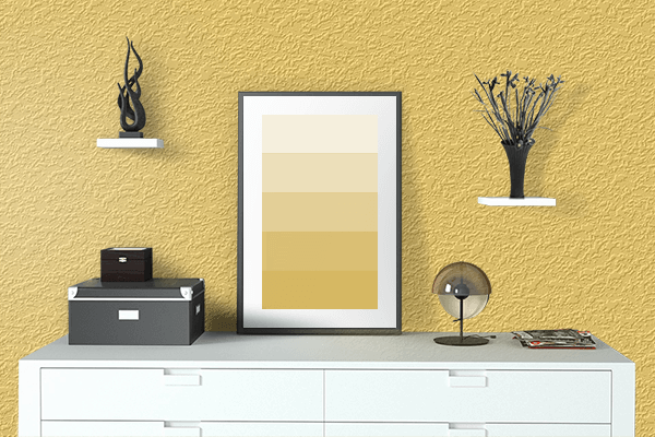 Pretty Photo frame on Aspen Gold color drawing room interior textured wall
