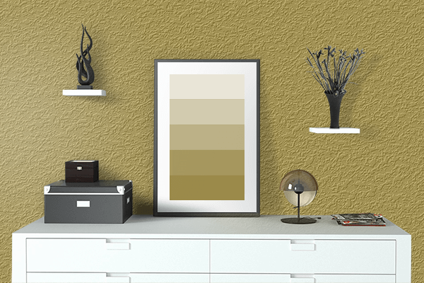 Pretty Photo frame on Golden Olive color drawing room interior textured wall