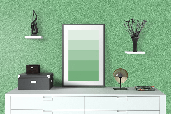 Pretty Photo frame on Tender Green color drawing room interior textured wall