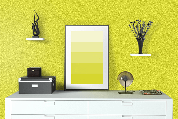 Pretty Photo frame on Laser Yellow color drawing room interior textured wall