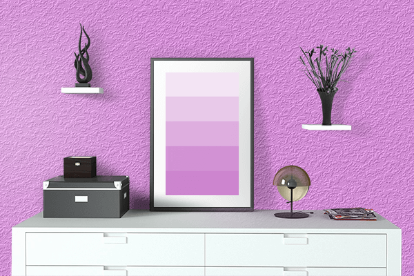 Pretty Photo frame on Shiny Violet color drawing room interior textured wall