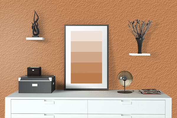 Pretty Photo frame on Comfort Orange color drawing room interior textured wall