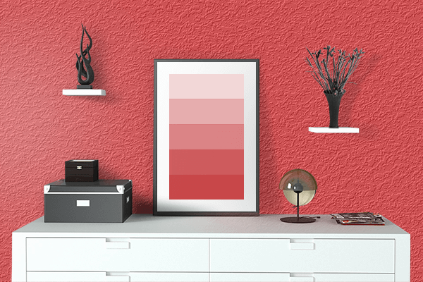 Pretty Photo frame on Shiny Red color drawing room interior textured wall