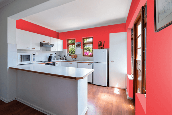 Pretty Photo frame on Shiny Red color kitchen interior wall color