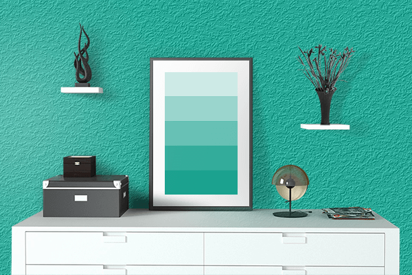 Pretty Photo frame on Aqua Green (Pantone) color drawing room interior textured wall