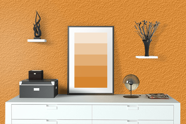 Pretty Photo frame on Shiny Orange color drawing room interior textured wall
