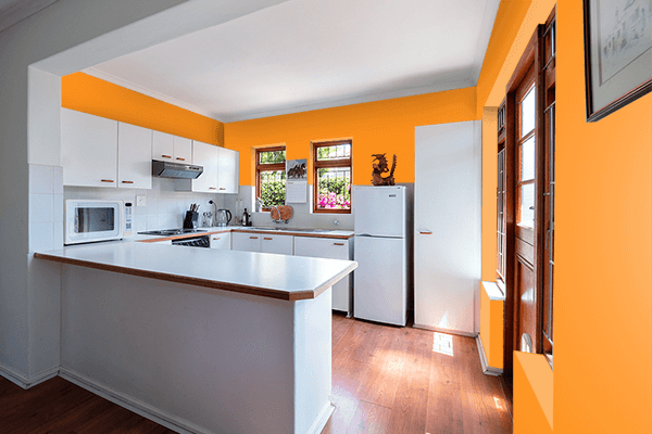Pretty Photo frame on Shiny Orange color kitchen interior wall color