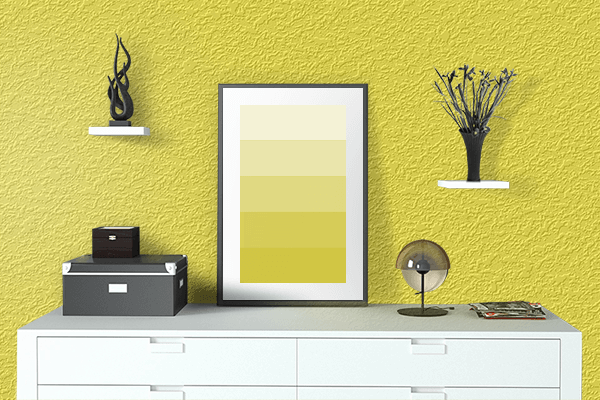 Pretty Photo frame on Yellow Passion color drawing room interior textured wall