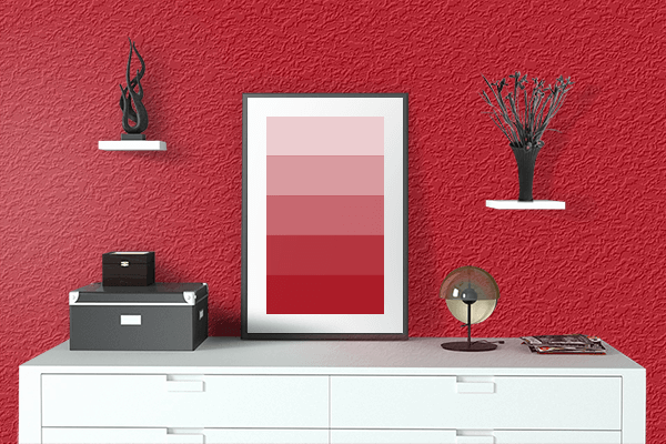 Pretty Photo frame on Sport Red color drawing room interior textured wall