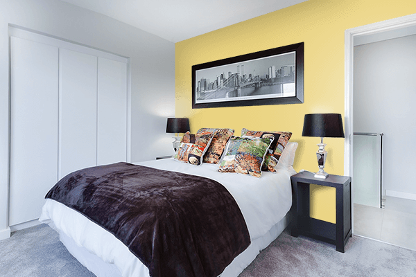 Pretty Photo frame on Comfort Yellow color Bedroom interior wall color