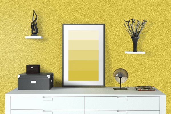 Pretty Photo frame on Bright Golden Yellow color drawing room interior textured wall