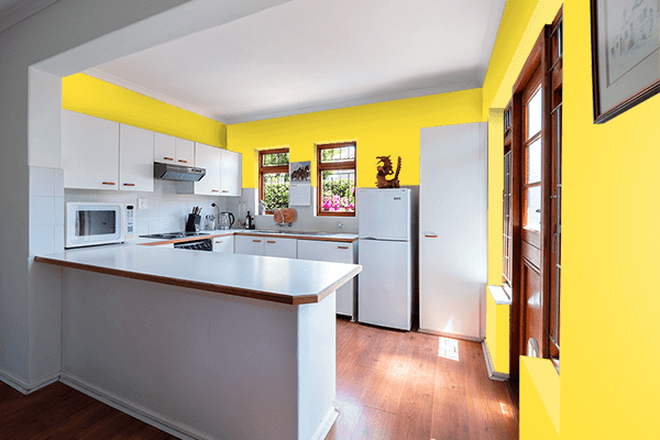 Pretty Photo frame on Bright Golden Yellow color kitchen interior wall color