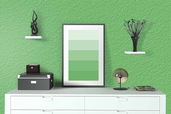 Pretty Photo frame on Atomic Green color drawing room interior textured wall