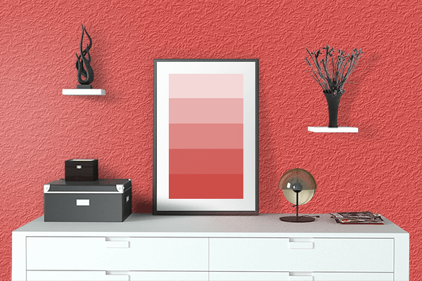 Pretty Photo frame on Blaze Red color drawing room interior textured wall