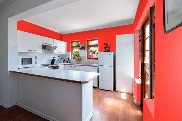 Pretty Photo frame on Brilliant Red color kitchen interior wall color