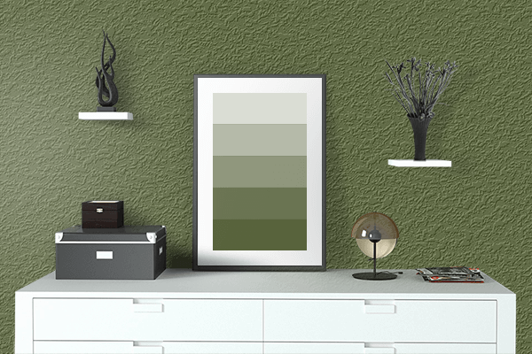 Pretty Photo frame on Basil Green color drawing room interior textured wall