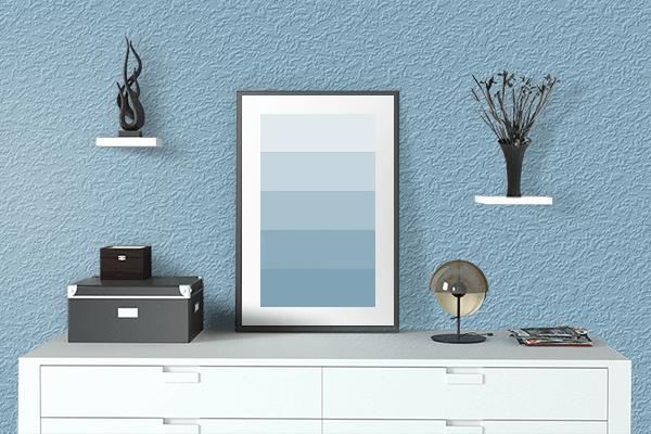 Pretty Photo frame on Sky Blue (Pantone) color drawing room interior textured wall