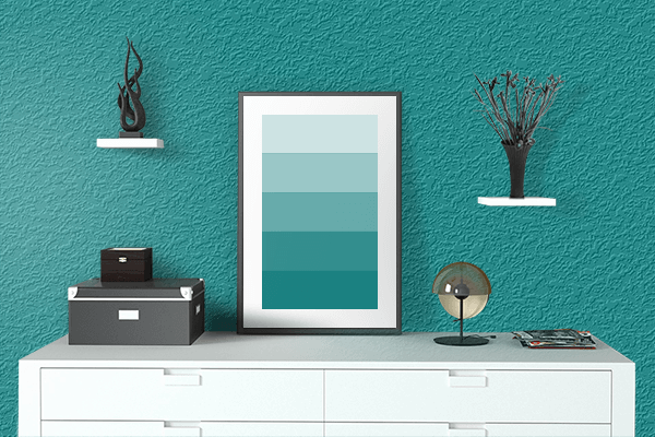 Pretty Photo frame on Dark Cyan color drawing room interior textured wall