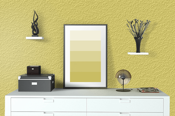 Pretty Photo frame on Light Mustard color drawing room interior textured wall