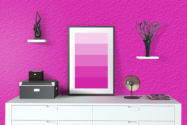 Pretty Photo frame on Shocking Pink color drawing room interior textured wall