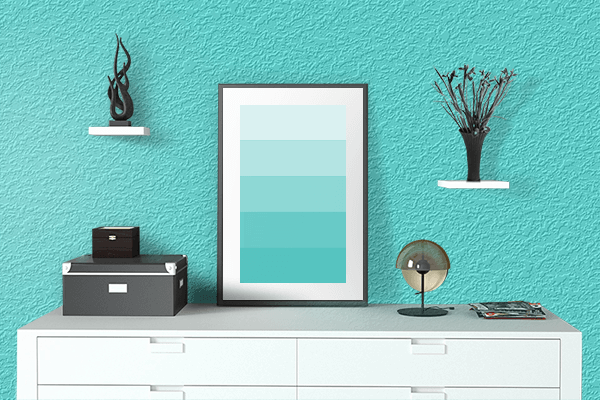 Pretty Photo frame on Glossy Turquoise color drawing room interior textured wall