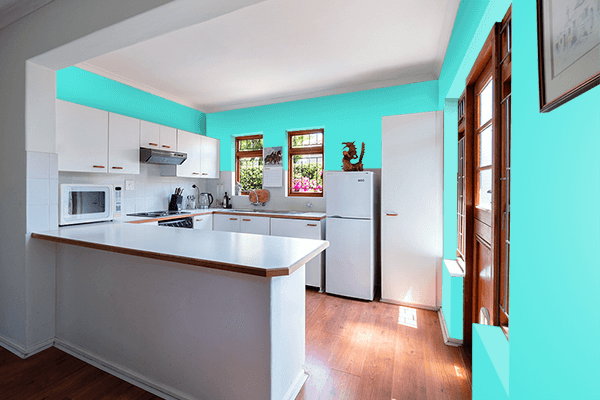 Pretty Photo frame on Glossy Turquoise color kitchen interior wall color