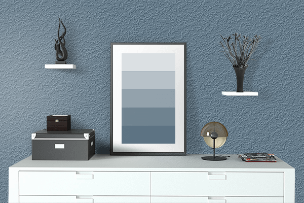 Pretty Photo frame on Titanium Blue color drawing room interior textured wall