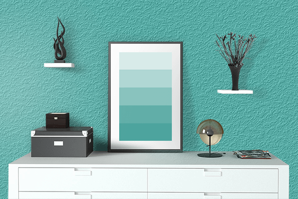 Pretty Photo frame on Arctic Green color drawing room interior textured wall