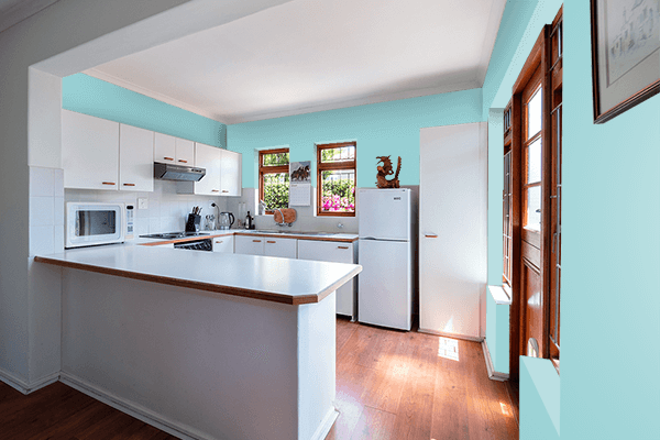 Pretty Photo frame on Matte Aqua color kitchen interior wall color