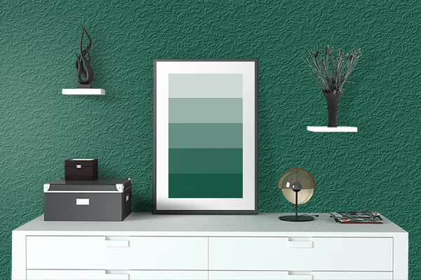 Pretty Photo frame on Trapper Green color drawing room interior textured wall