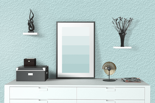 Pretty Photo frame on Light Aqua color drawing room interior textured wall