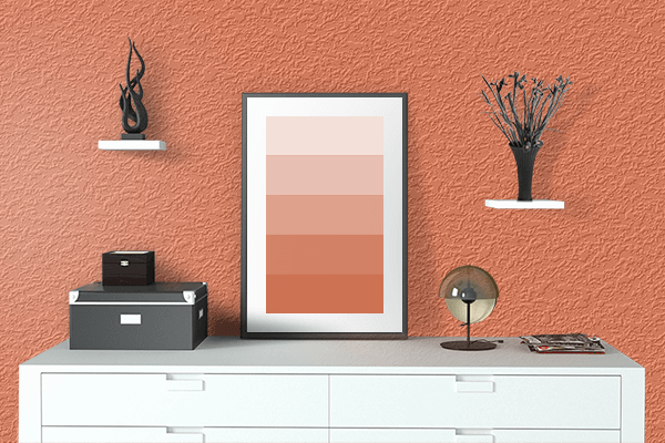 Pretty Photo frame on Coral Rose (Pantone) color drawing room interior textured wall