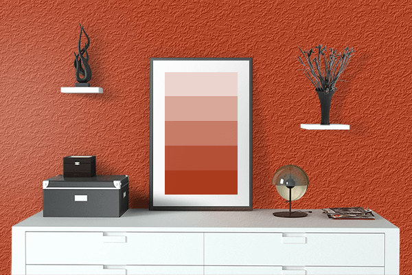 Pretty Photo frame on Rust Red color drawing room interior textured wall
