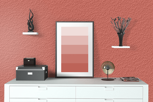 Pretty Photo frame on Apricot Rouge color drawing room interior textured wall