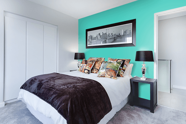 Pretty Photo frame on Glossy Blue-green color Bedroom interior wall color